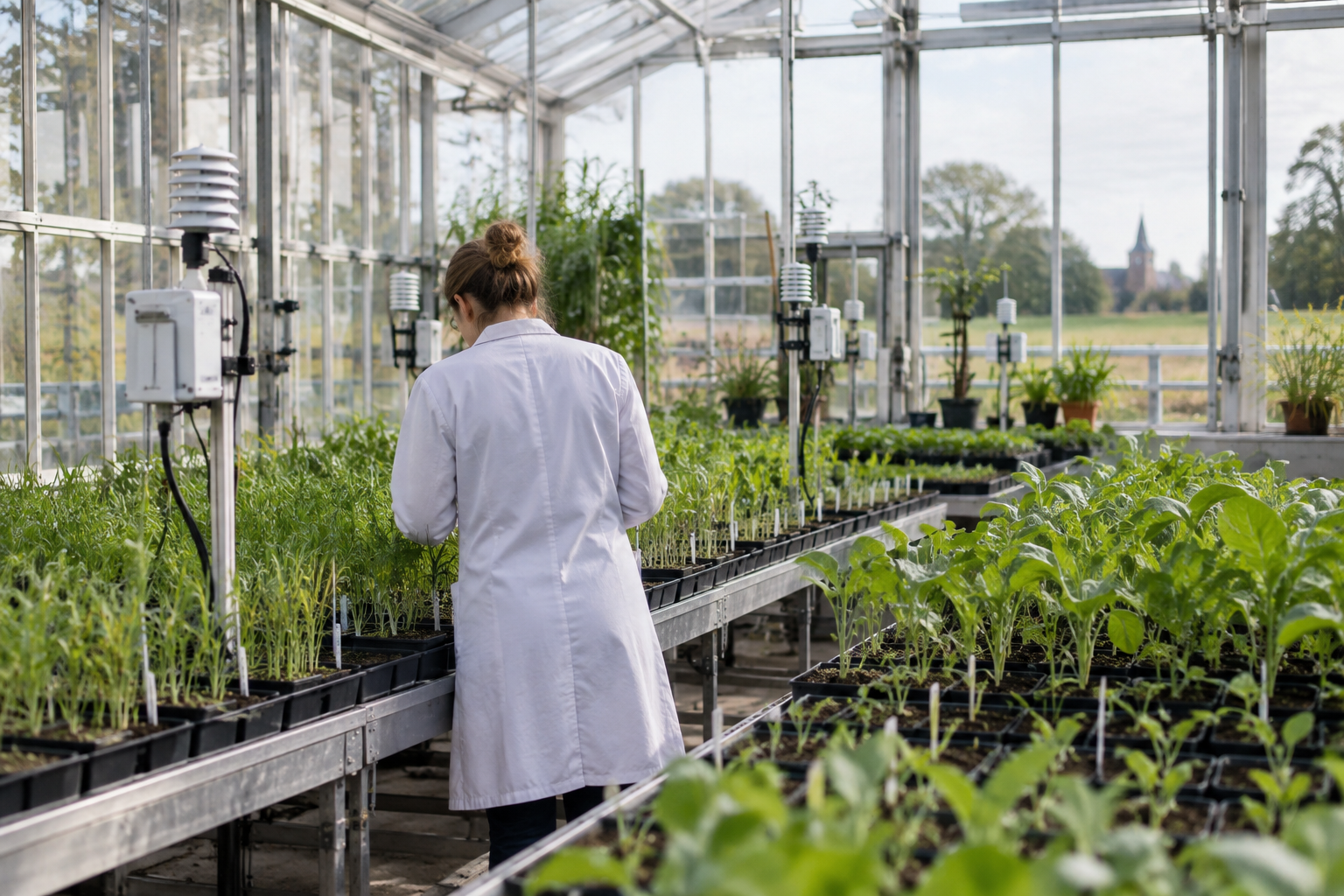 Crop seedlings and monitoring sensors inside a greenhouse used for UK agritech research.