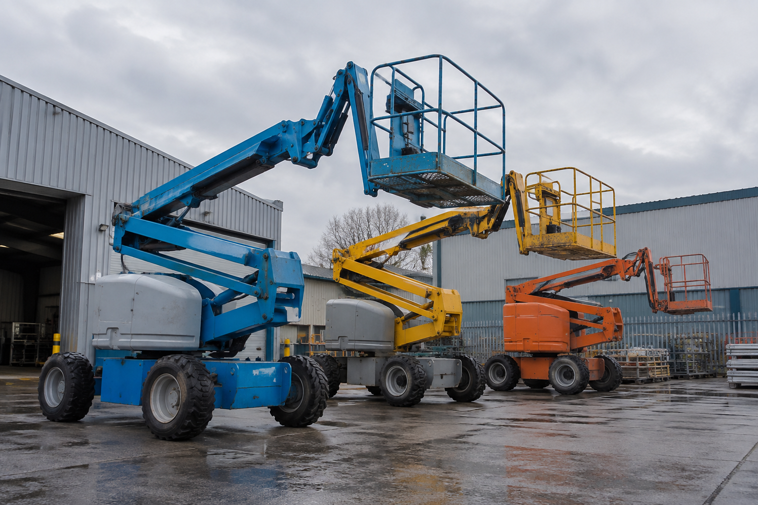 Boom lifts parked in an industrial yard as UK authorities investigate boom lift imports