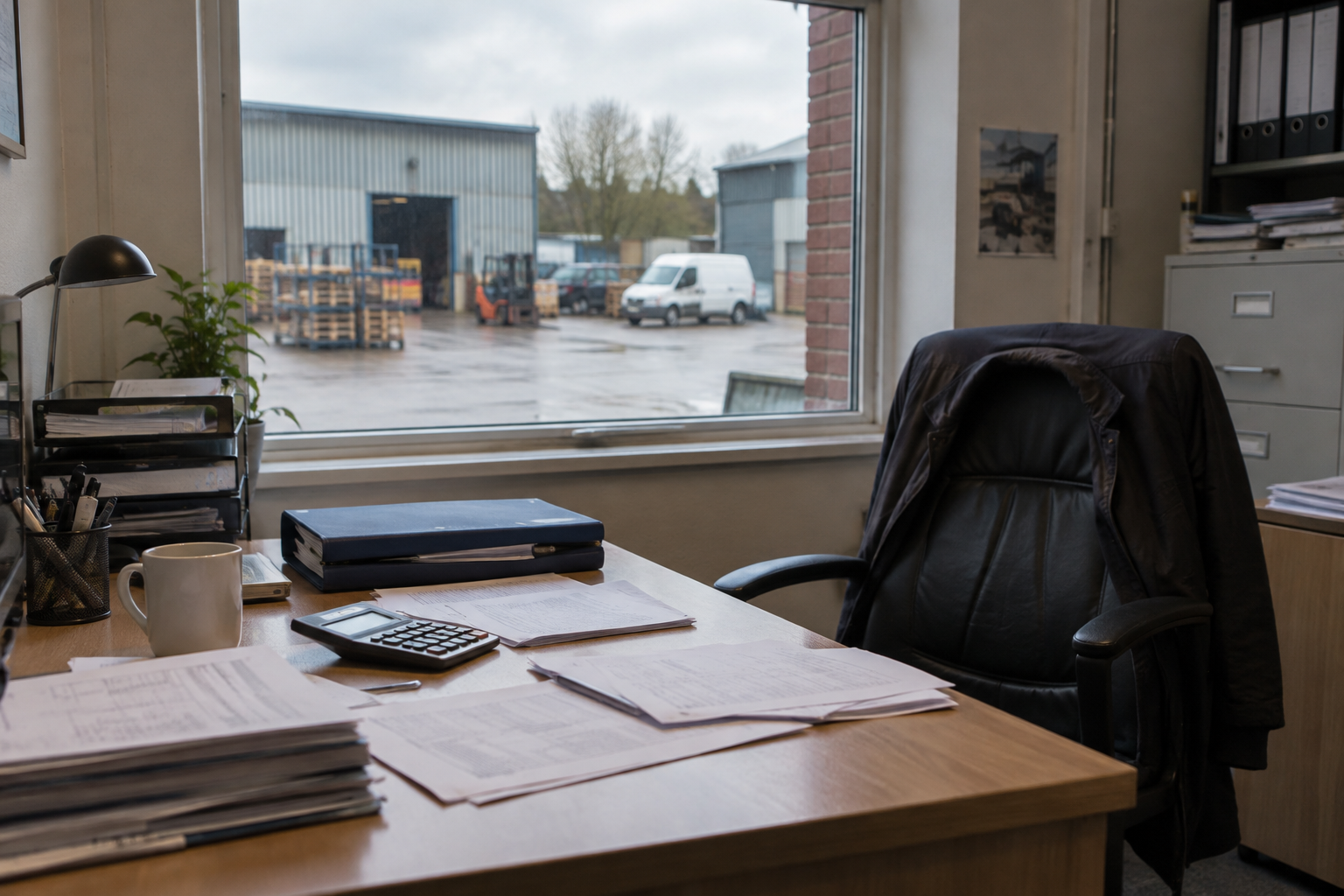 Calculator and accounts folders on a business owner's desk during capital gains tax discussions.