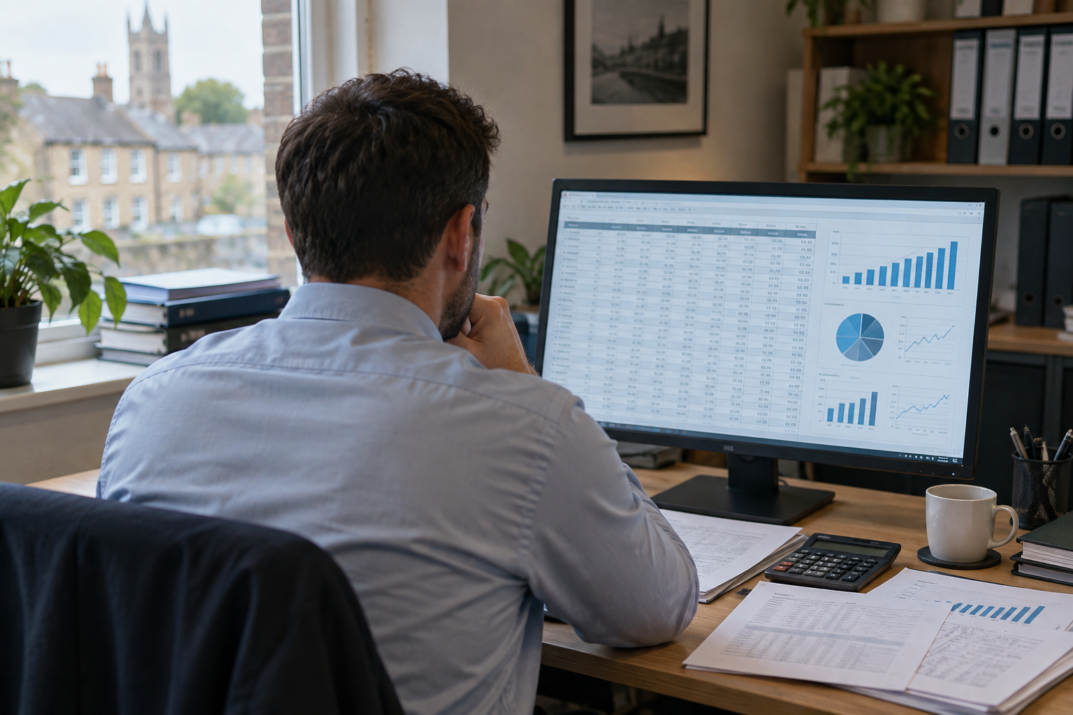 Accountant reviewing digital Companies House accounts beside paper financial documents in an office
