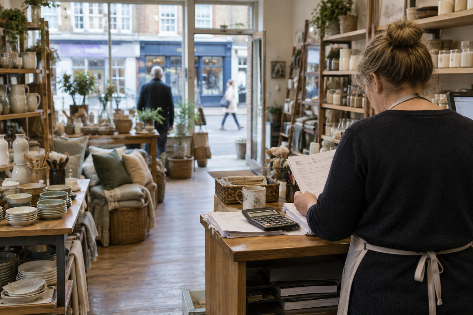Shopkeeper reviewing invoices in a quiet shop amid European retail distress