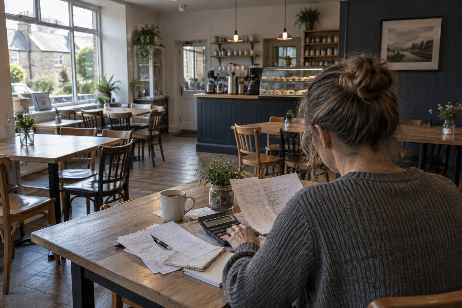 Café owner reviewing bills at an empty table amid the UK hospitality tax burden.