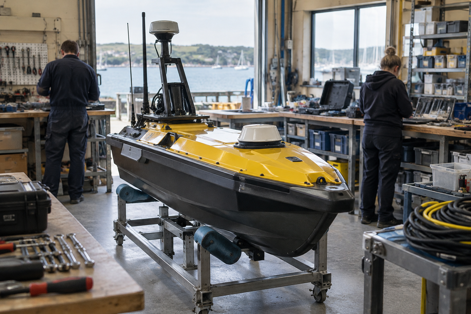 Unmanned survey boat in an Exeter workshop, illustrating HydroSurv’s marine manufacturing operations