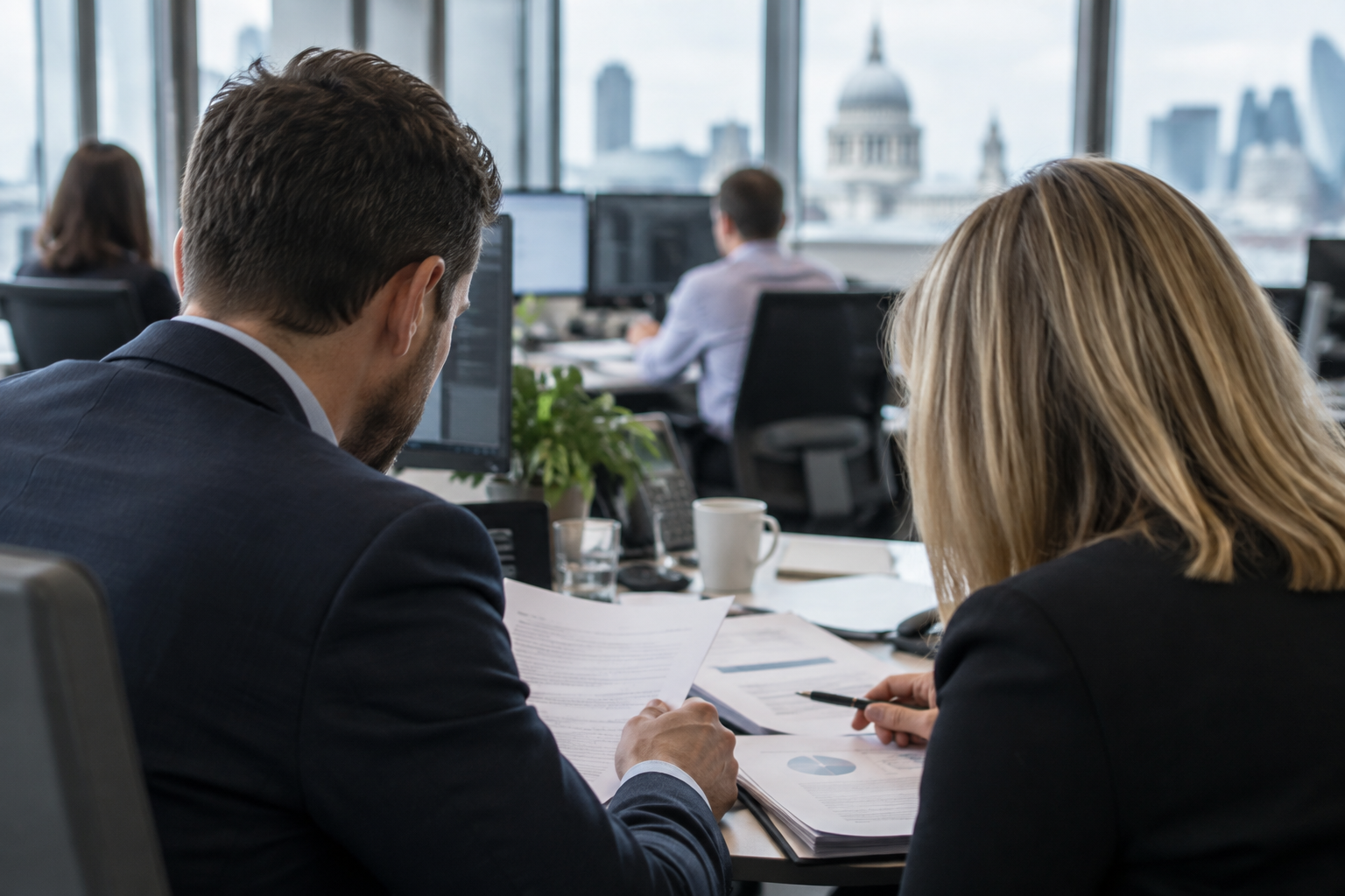 Brokers reviewing commercial insurance documents in an office as Konsileo secures investment