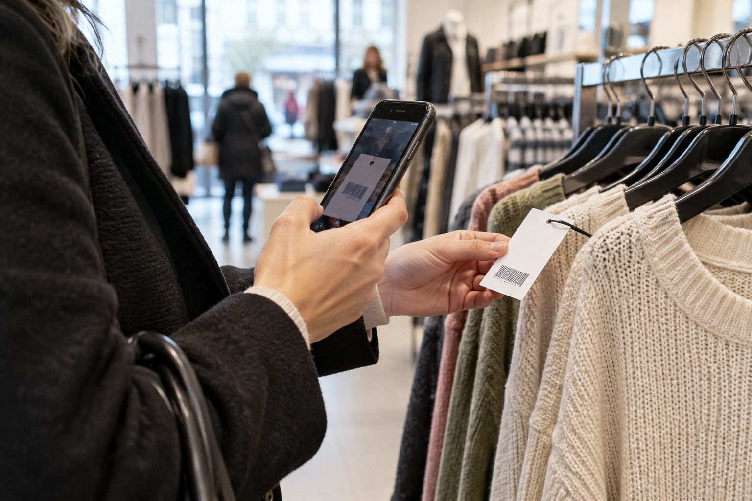 Shopper scanning a clothing barcode with a smartphone, illustrating Matalan app shopping features