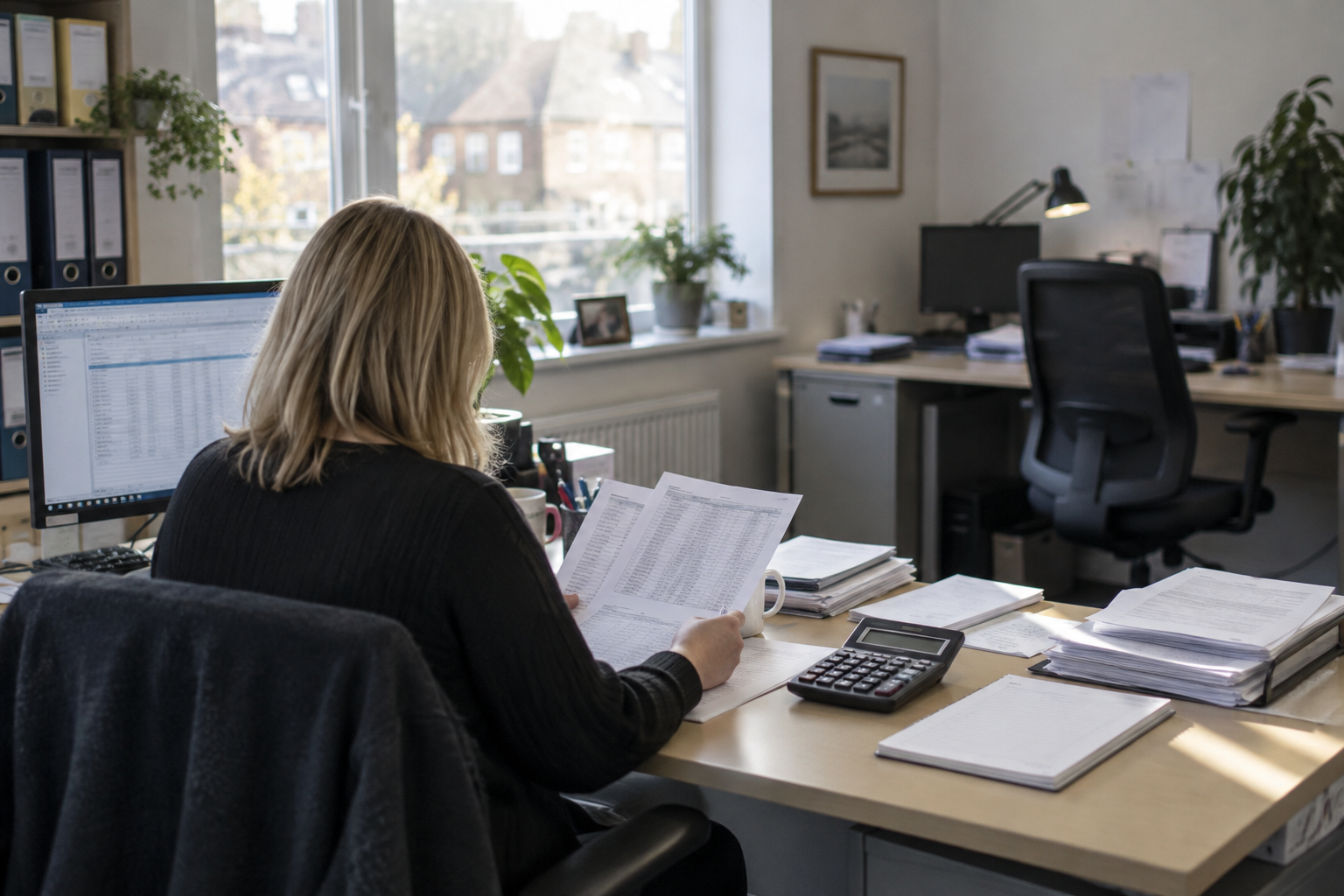 An administrator reviews payroll records for small business PAYE at an office desk.