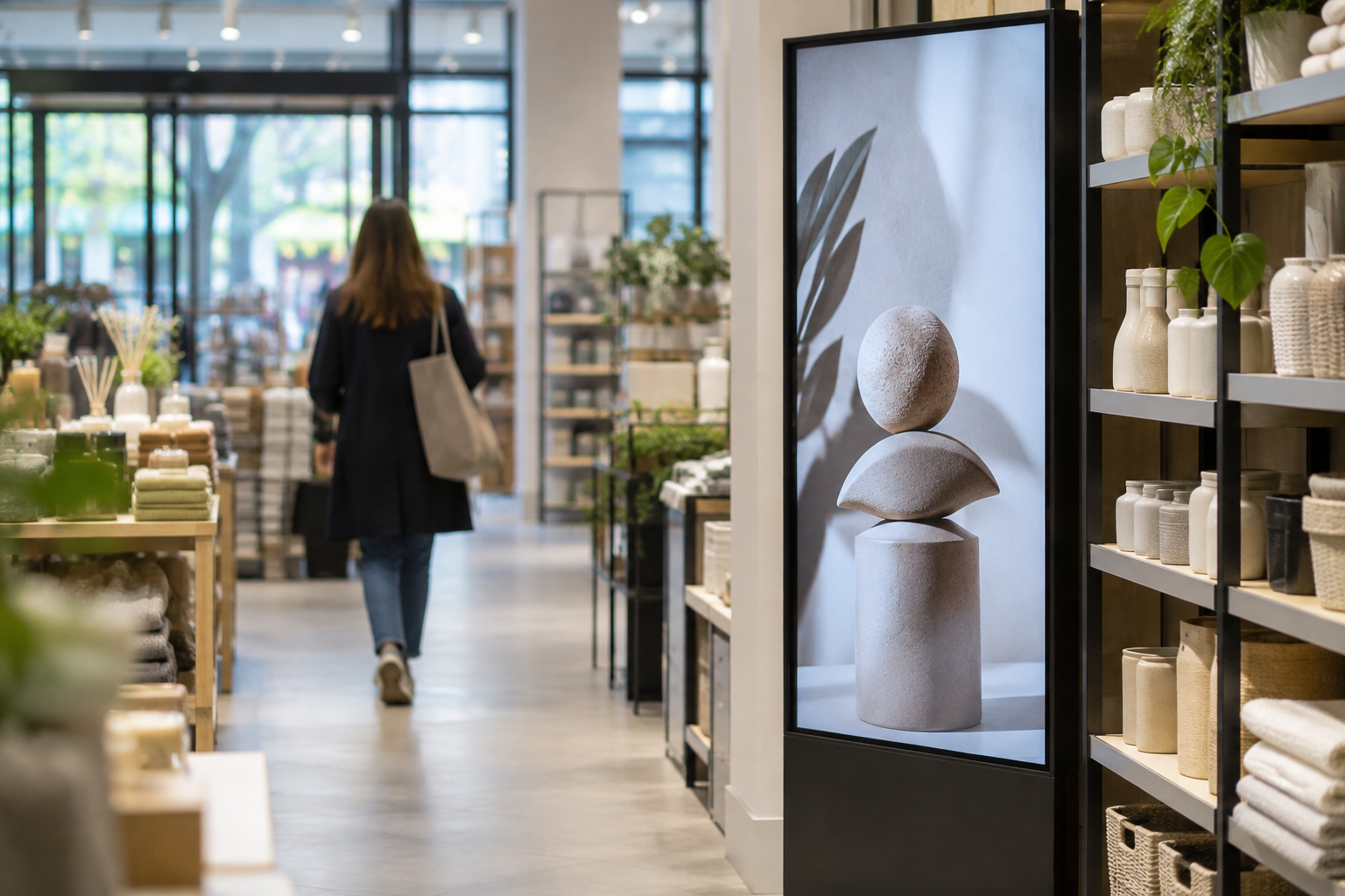 Digital advertising screens beside products in a shop, illustrating UK retail media spending.
