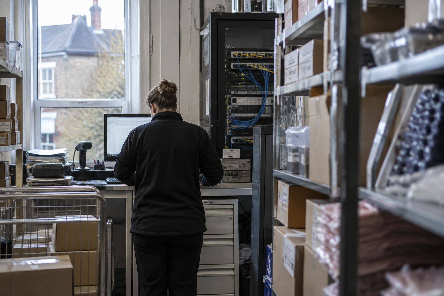 Retail stockroom workstation and network equipment illustrating retailer supplier cyber risk.