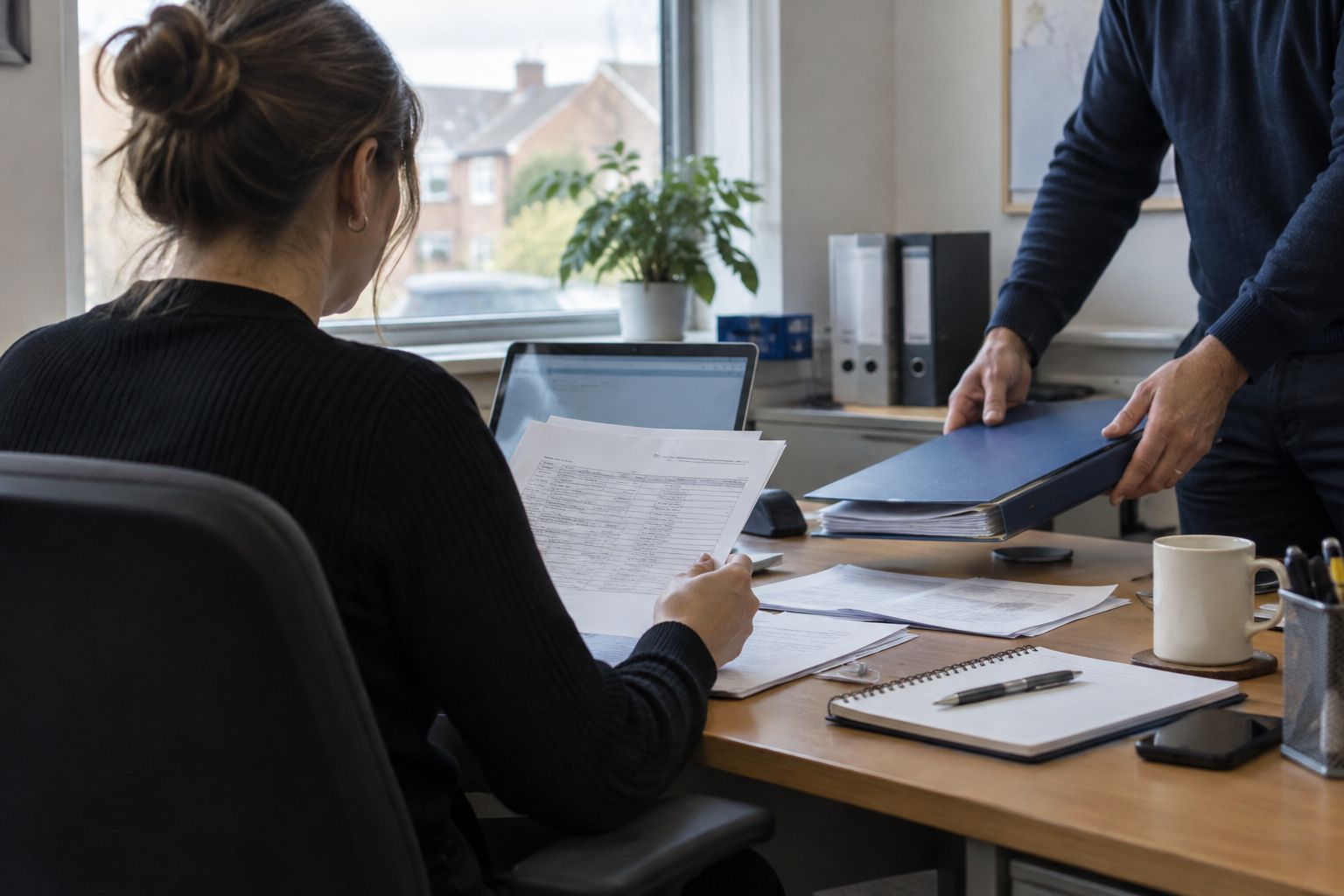 Administrator reviewing contractor paperwork for Right to Work checks at an office desk