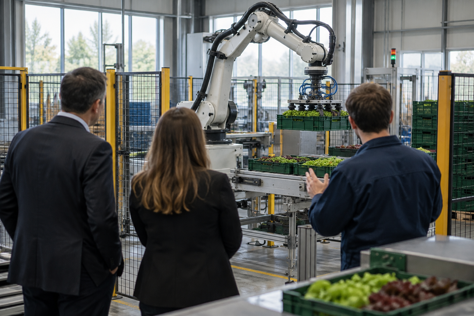 Robotic arm handling produce trays in a workshop illustrating Robotics Adoption Hubs support.