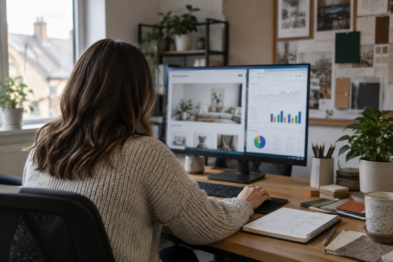 Marketing worker reviewing website content and analytics for AI search optimisation in an office.
