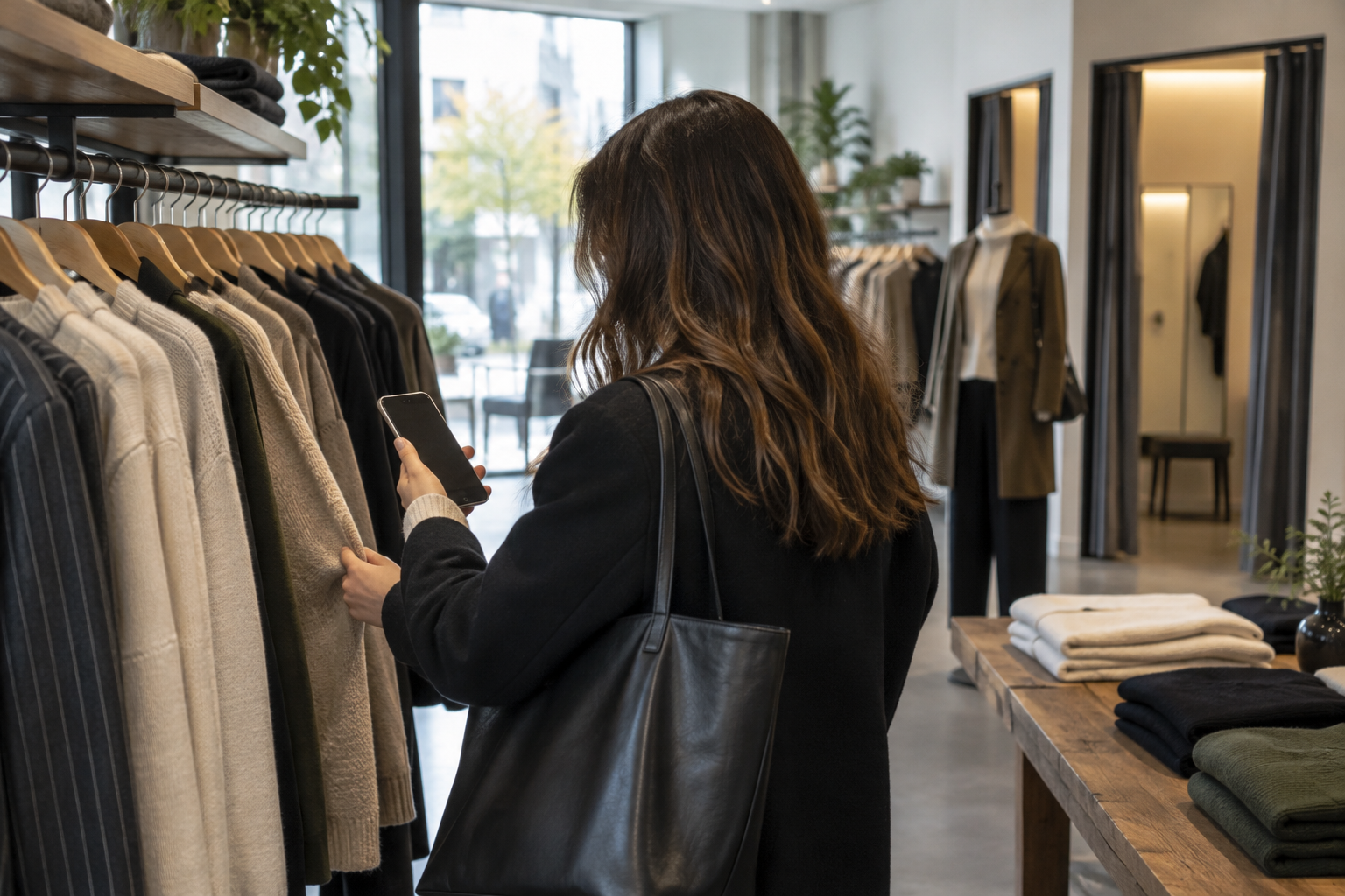 Shopper compares a smartphone with garments in a fashion store as AI shopping develops.