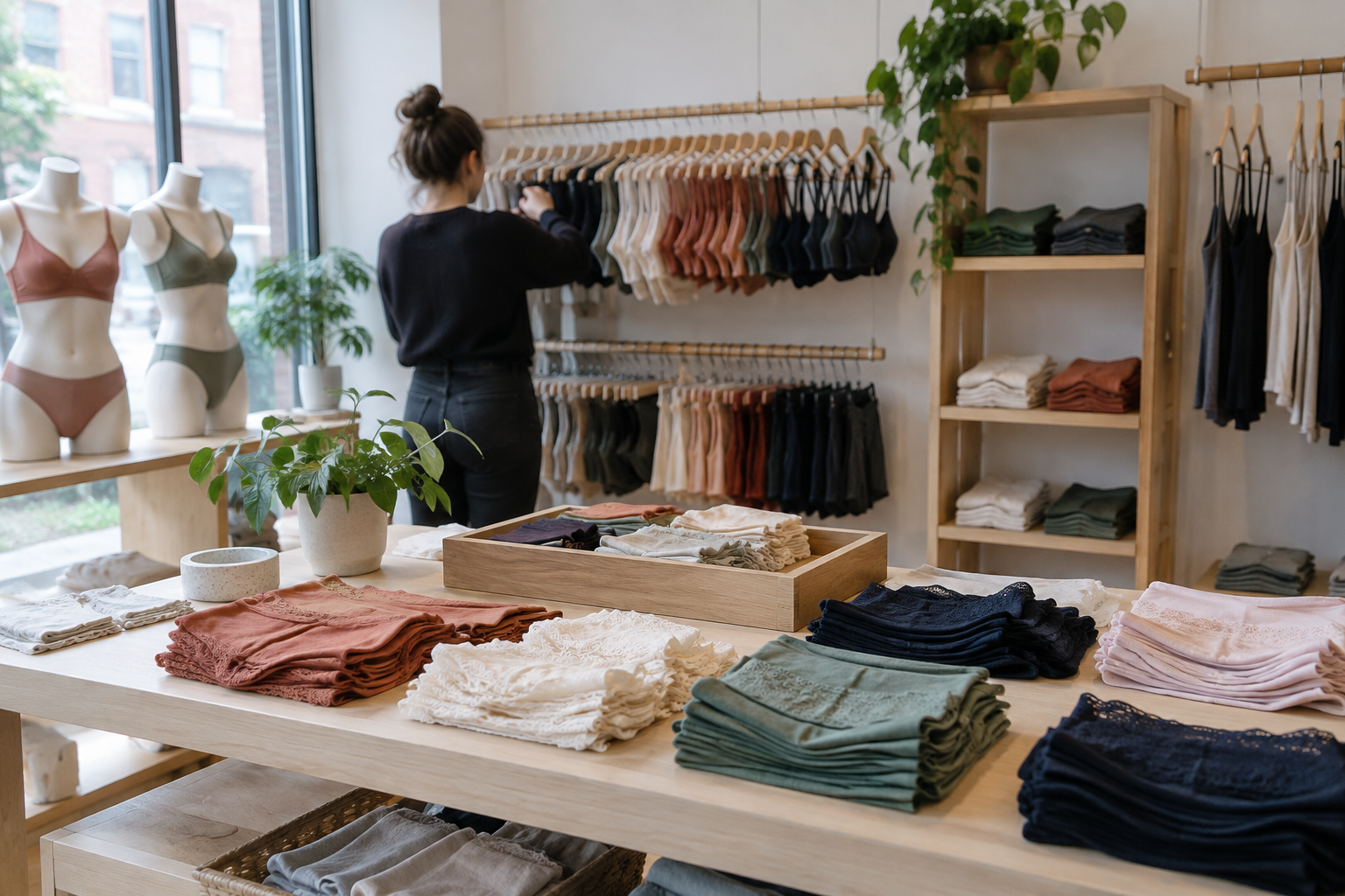 Colourful underwear displayed on wooden tables, illustrating Stripe & Stare’s physical retail ambitions.