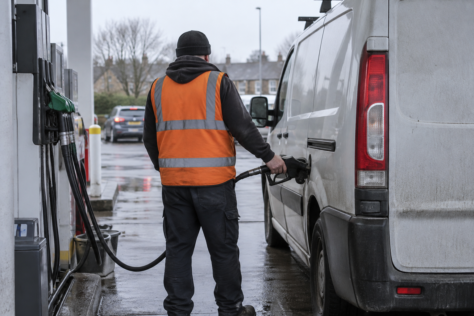 A worker refuels an unbranded work van as UK van fuel costs rise